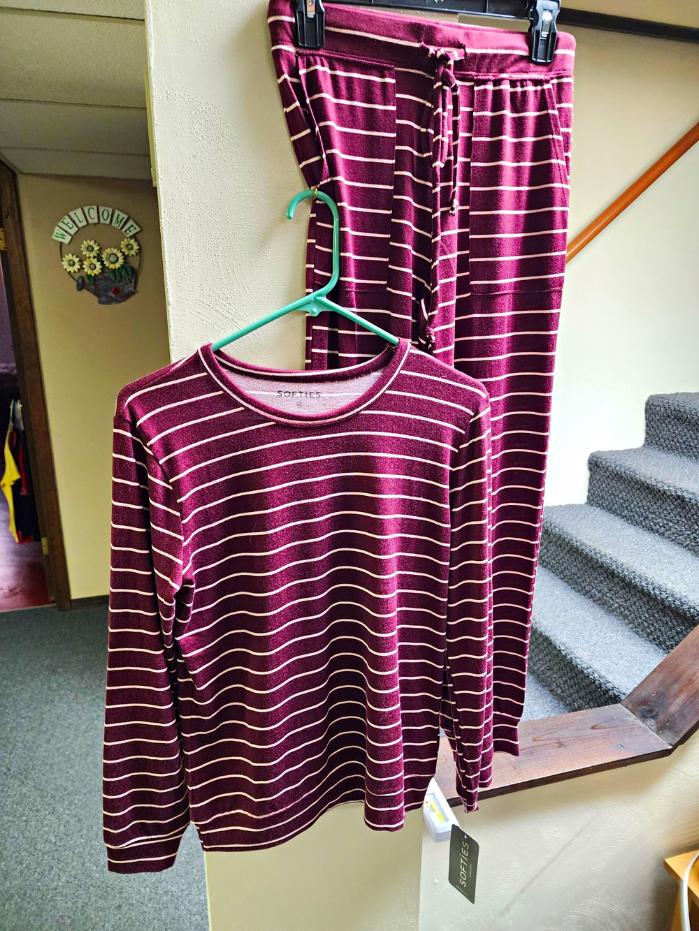 Softies Women’s 2-Piece Jersey Lounge Set Crew Neck Burgundy/White Stripe XS